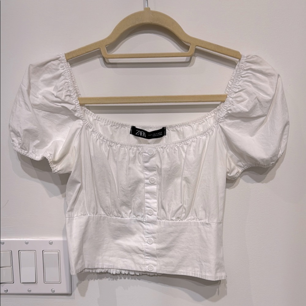 Zara White Puff Sleeve Ruched Crop Blouse